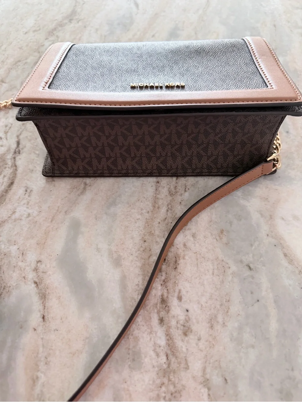 Michael Kors Brown and Tan Logo Crossbody Bag 6” H x 9” W